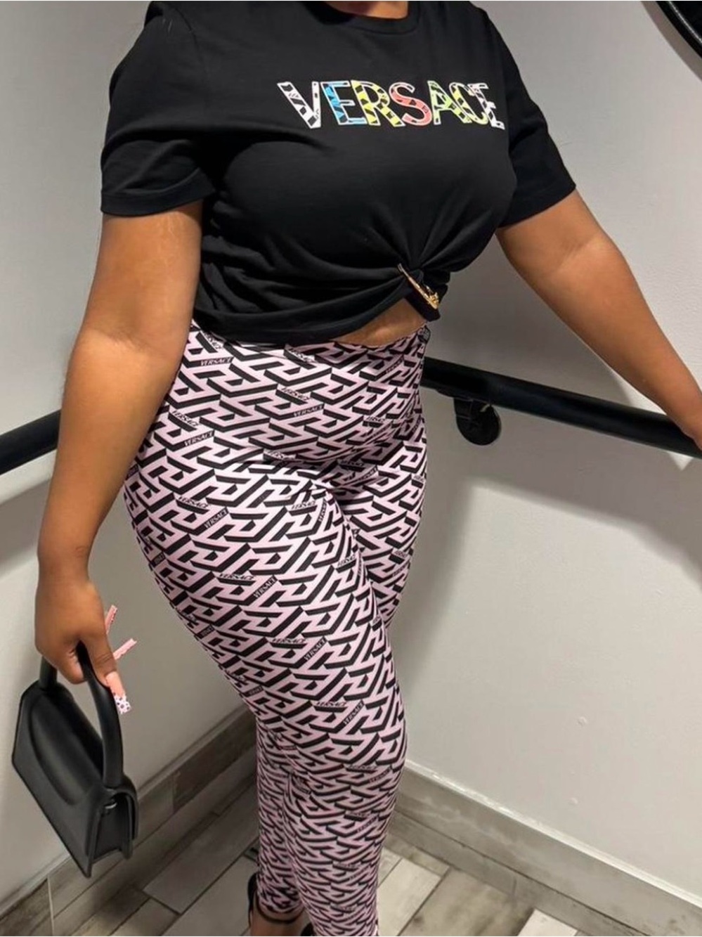 Versace Black Logo Tee with Pink Patterned Versace Leggings